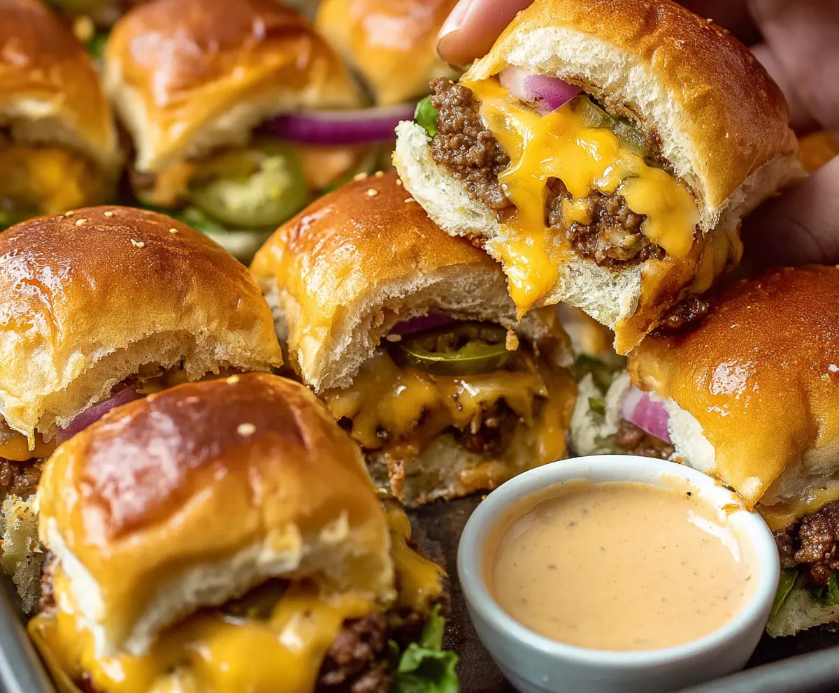Delicious cheeseburger sliders with melted cheese, juicy beef patties, and fresh toppings on a serving platter.