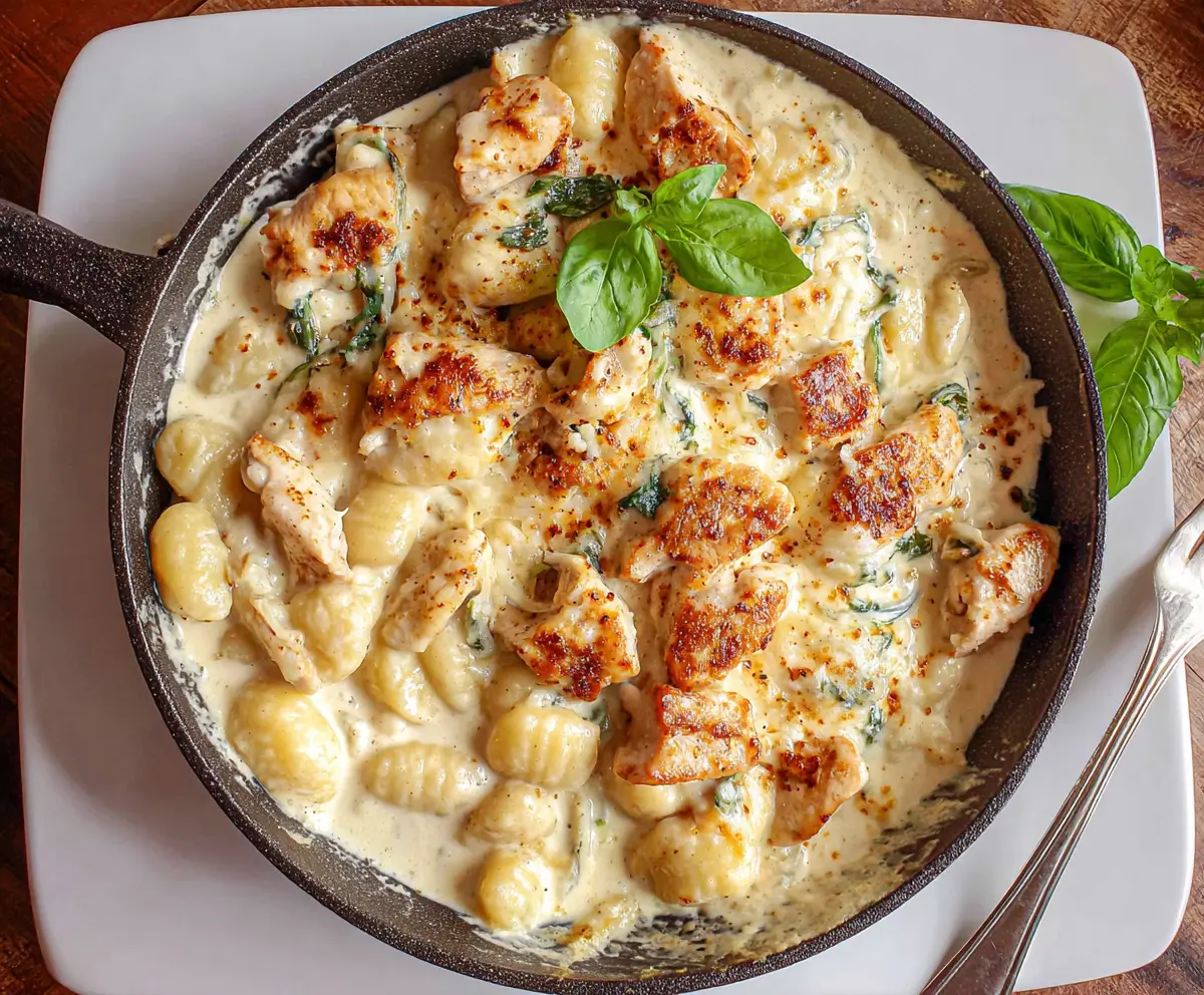 Creamy Chicken Gnocchi Alfredo dish with tender chicken, soft gnocchi, and rich Alfredo sauce on a white plate.