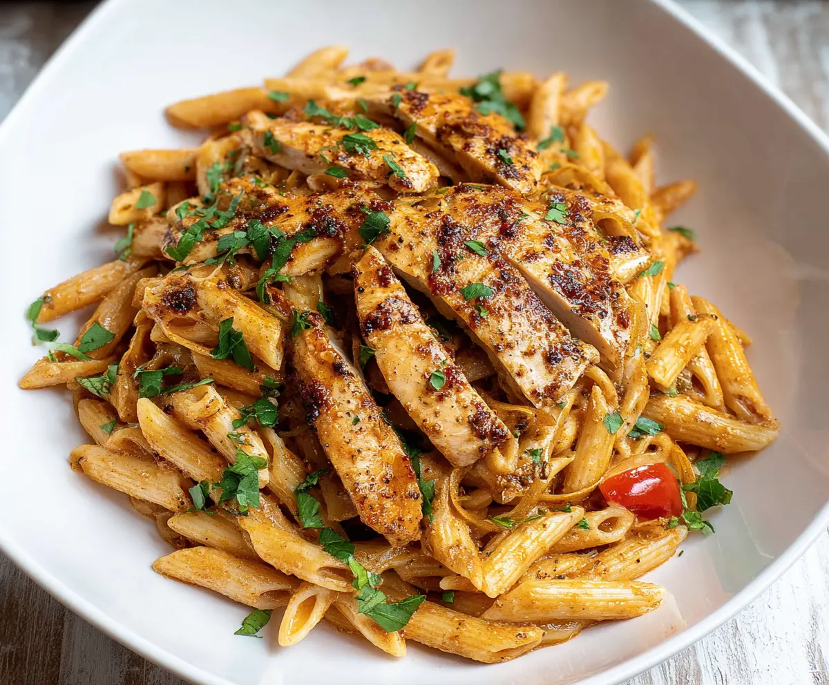 Delicious spicy Cajun chicken pasta served on a plate, garnished with herbs