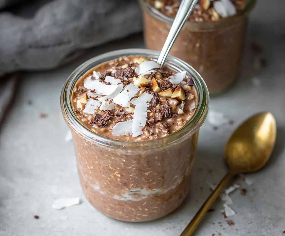 Creamy chocolate coconut overnight oats garnished with shredded coconut and chocolate chips for a delicious breakfast.