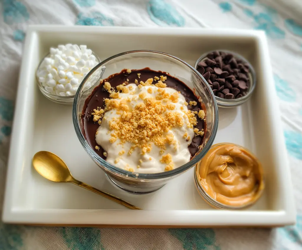 Creamy chocolate peanut butter cottage cheese bowl topped with crushed peanuts and a drizzle of chocolate for a healthy dessert.