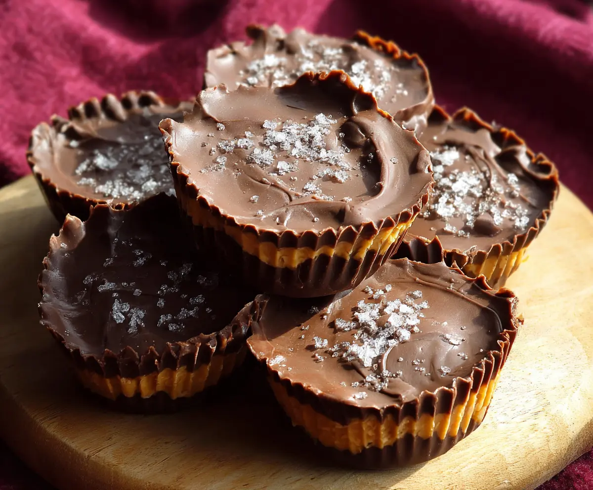 Delicious homemade chocolate peanut butter cups with smooth peanut butter filling and glossy chocolate coating.