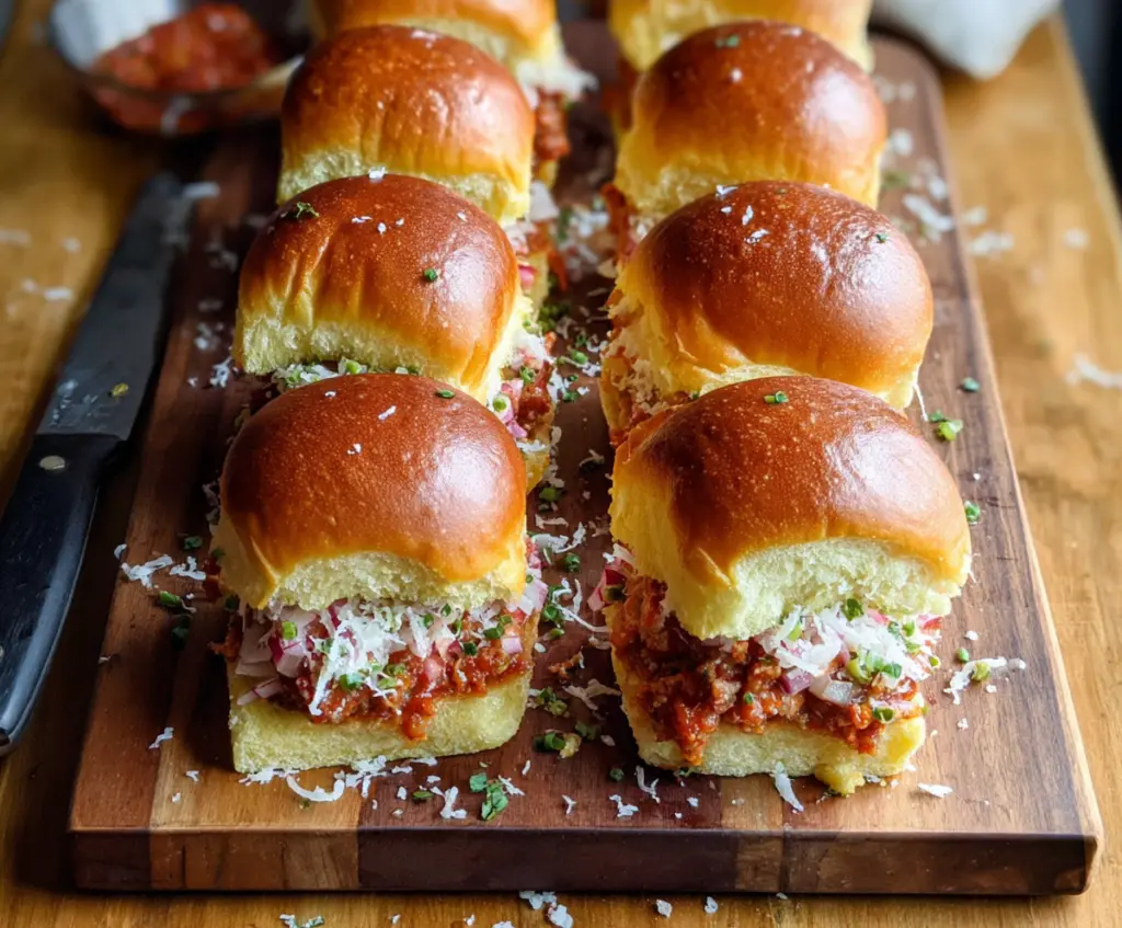 Close-up of chopped Italian sliders with melted cheese and fresh herbs on a plate