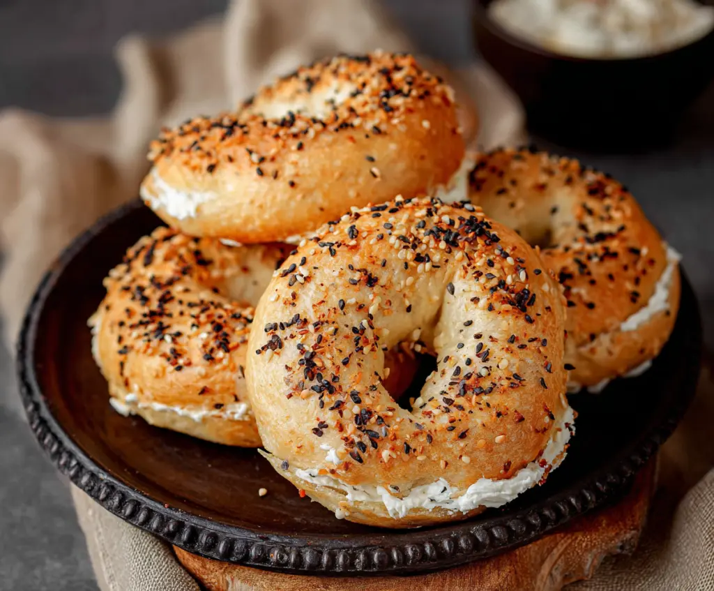 Delicious homemade cottage cheese bagels on a baking tray, ready to enjoy.