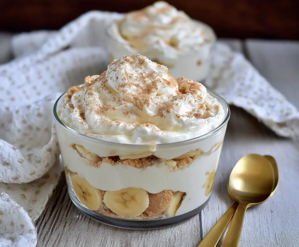 Creamy cottage cheese banana pudding with fresh banana slices and a sprinkle of cinnamon.