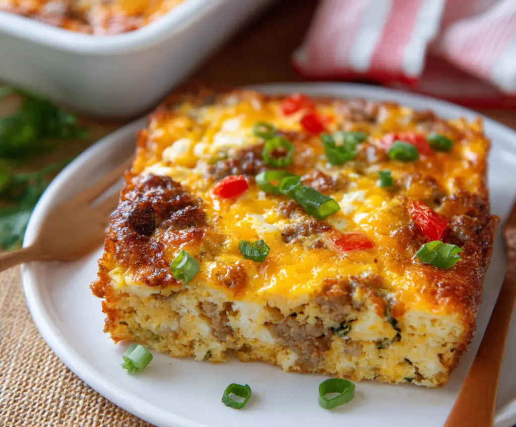 Delicious Cottage Cheese Turkey Sausage Breakfast Casserole served in a baking dish with herbs.