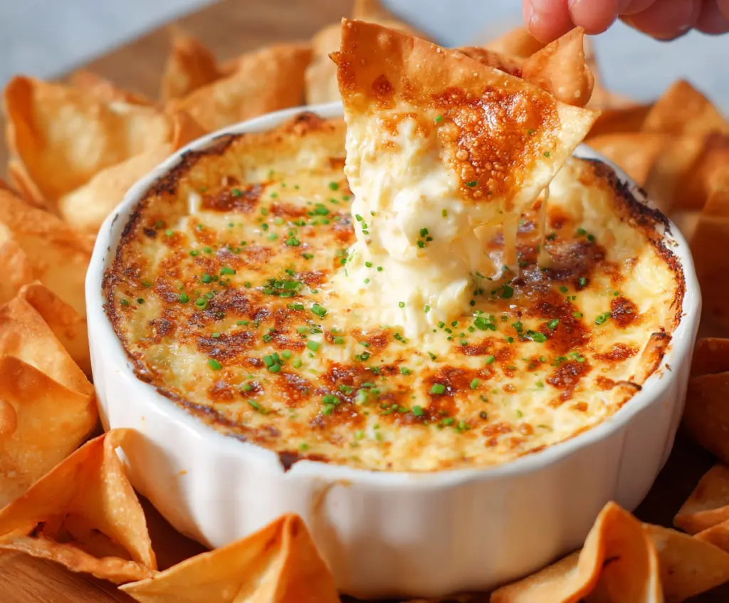 Creamy Crab Rangoon Dip served with crispy wonton chips for a delicious appetizer.