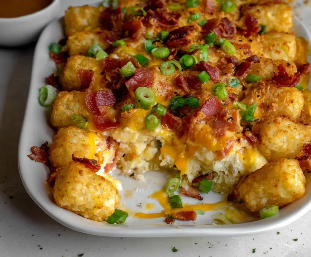 Delicious Crack Breakfast Casserole with crispy Tater Tots, perfect for a hearty breakfast meal.