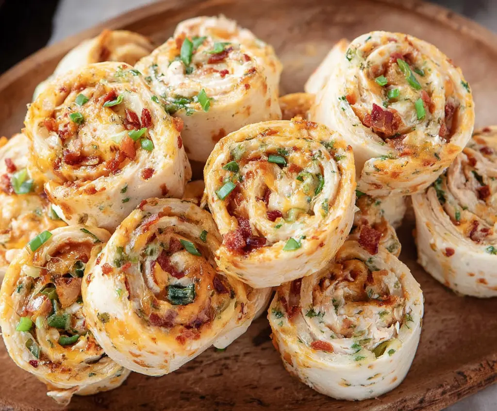 Delicious Crack Chicken Pinwheels with crispy golden pastry and creamy filling on a wooden serving board.