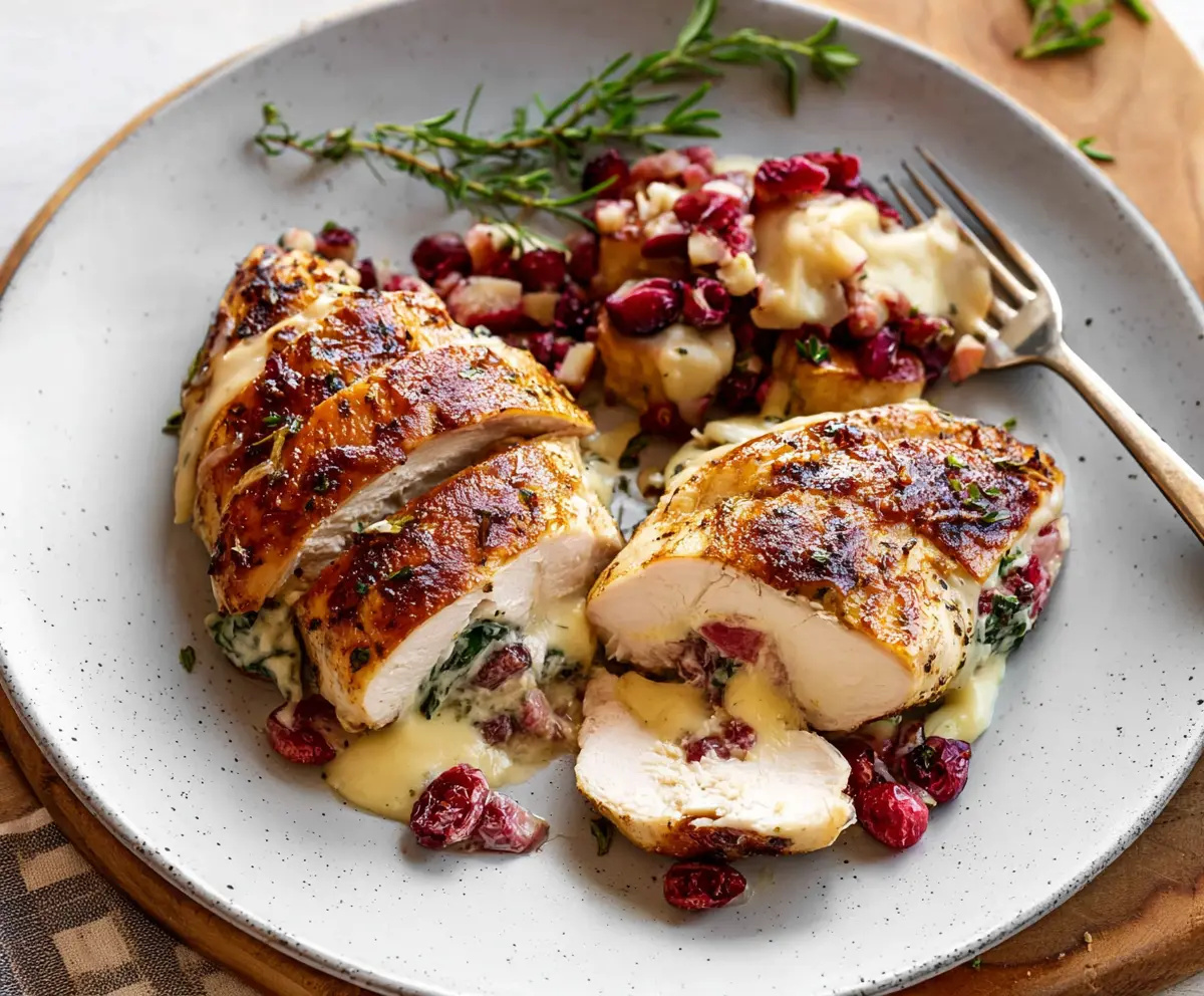 Juicy chicken breast stuffed with cranberry and melted Brie cheese, garnished with fresh herbs.