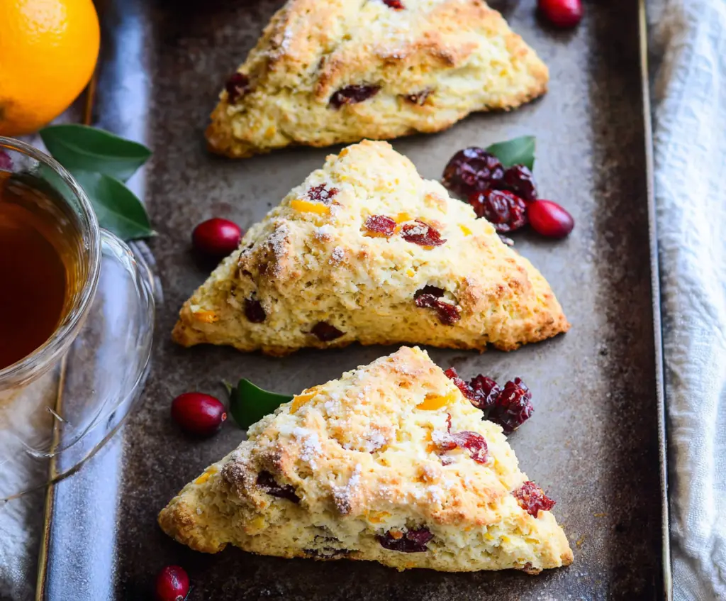 Delicious cranberry orange sourdough scones fresh out of the oven with vibrant orange zest and tart cranberries.