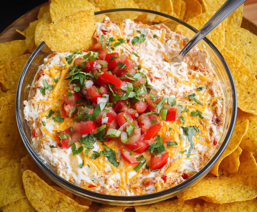 Cream Cheese Salsa Dip served with fresh tortilla chips, perfect for parties and gatherings.