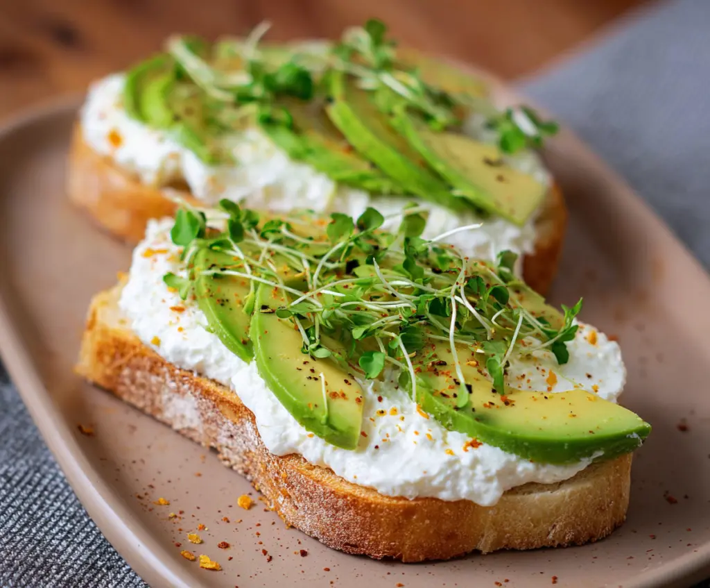 Creamy cottage cheese avocado toast on whole grain bread, garnished with fresh herbs and a drizzle of olive oil for a healthy breakfast.