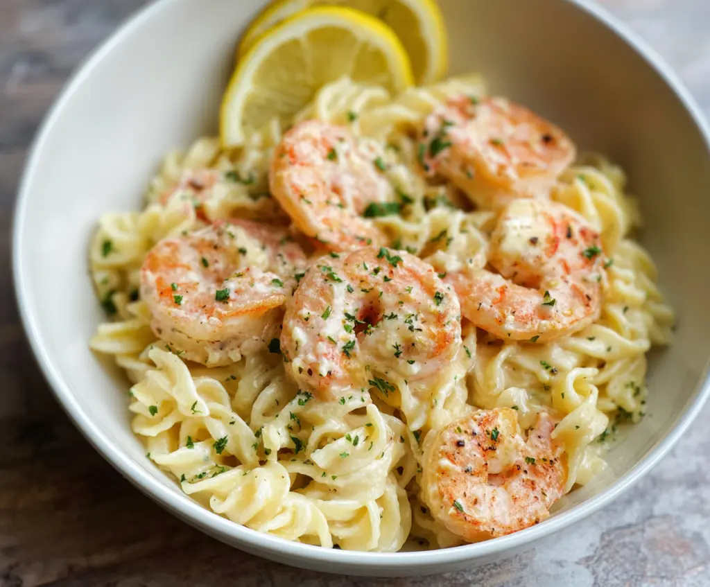 Delicious creamy lemon shrimp pasta served in a white bowl, garnished with fresh parsley, perfect for a quick seafood meal.