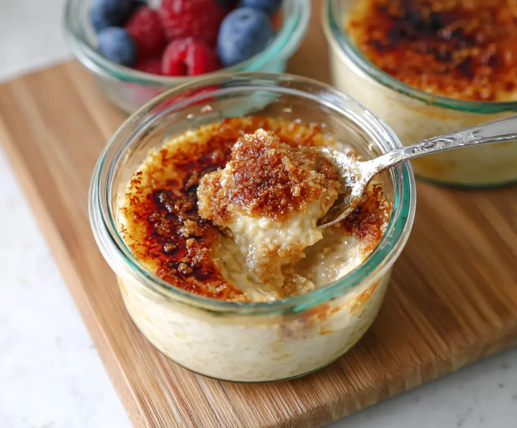 Creamy Crème Brûlée Overnight Oats topped with caramelized sugar and fresh berries.