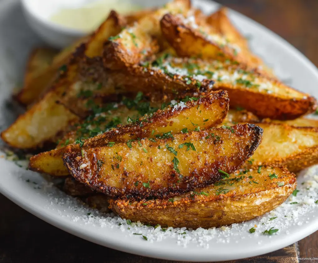 Crispy seasoned potato wedges served on a plate with herbs and spices for a delicious snack or side dish.
