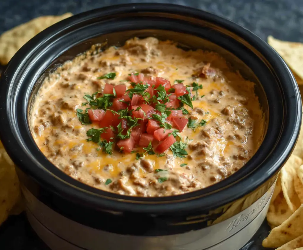 Delicious Crock Pot Cheeseburger Dip with melted cheese, ground beef, and savory toppings in a slow cooker.