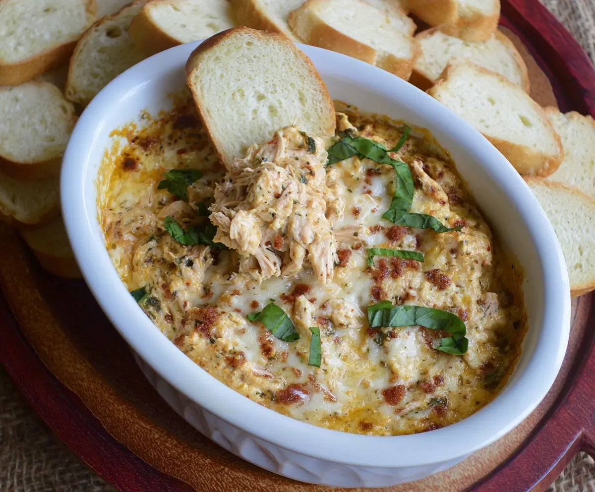 Creamy Crockpot Marry Me Chicken Dip served with fresh herbs and tortilla chips.