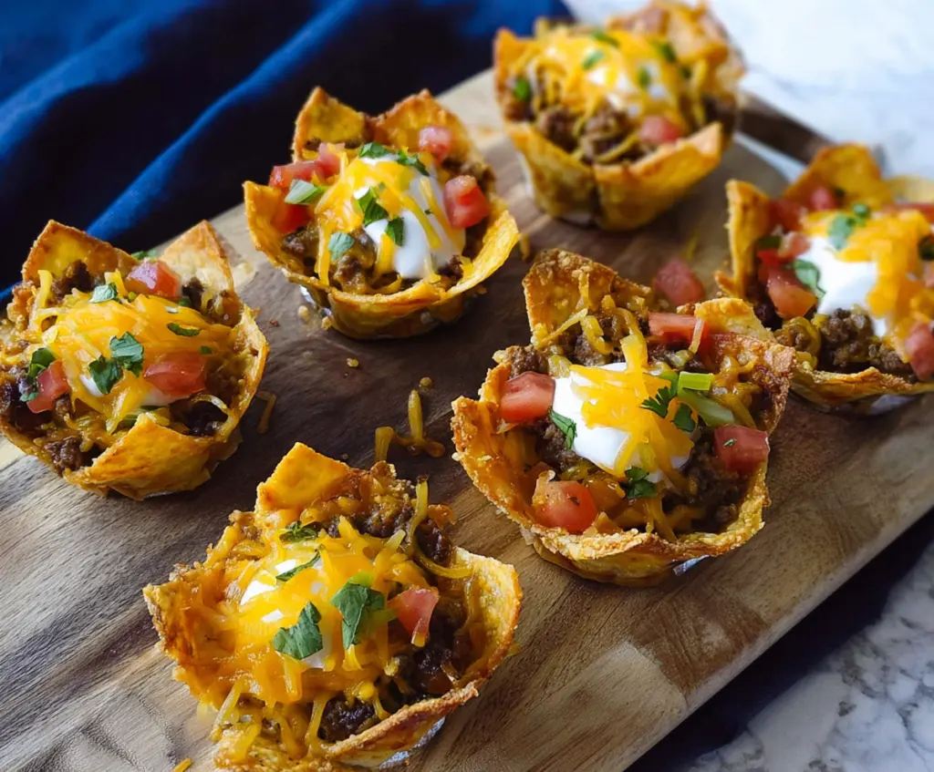 Delicious crunchy nacho cups filled with melted cheese and savory toppings, perfect for snacking.