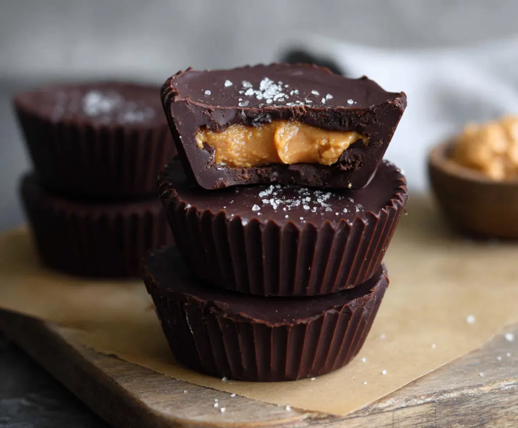 Delicious homemade dark chocolate peanut butter cups with a glossy finish and rich filling