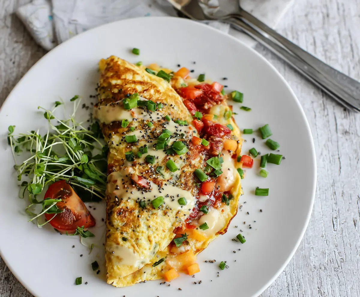 Delicious Everything Bagel Omelet with a golden-brown crust, showcasing flavorful herbs and melted cheese.