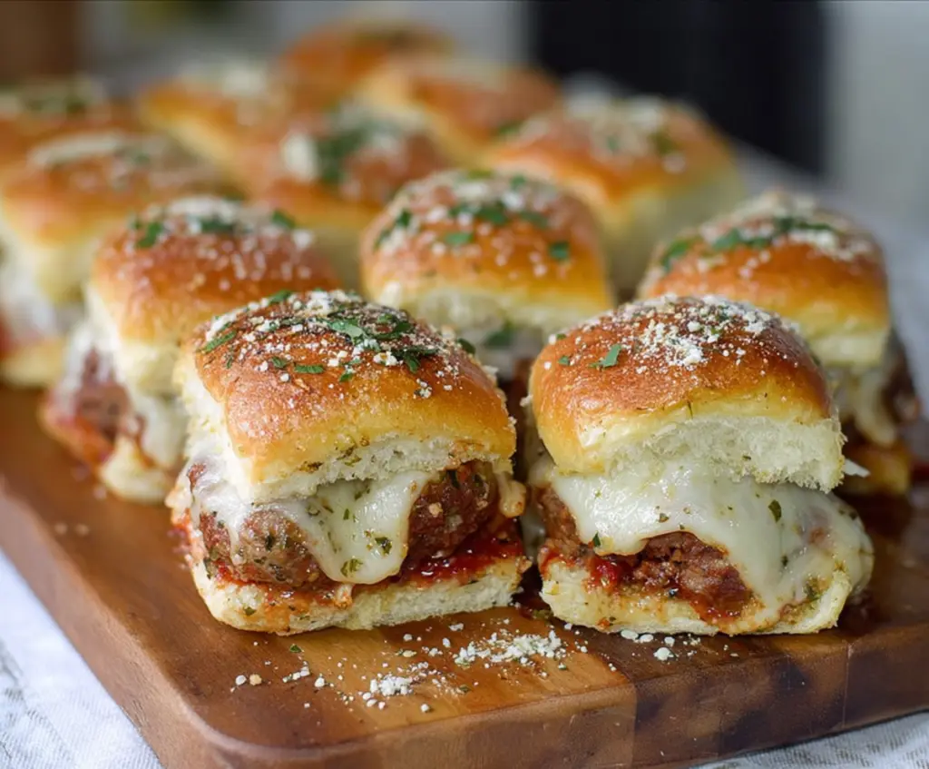 Delicious Garlic Parmesan Meatball Sliders with melted cheese and fresh herbs