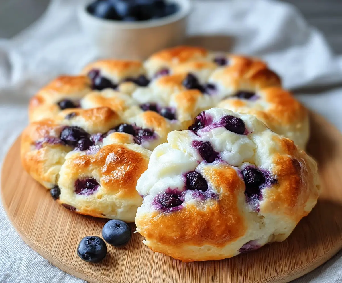 Delicious fluffy cottage cheese blueberry cloud bread on a plate, garnished with fresh blueberries.