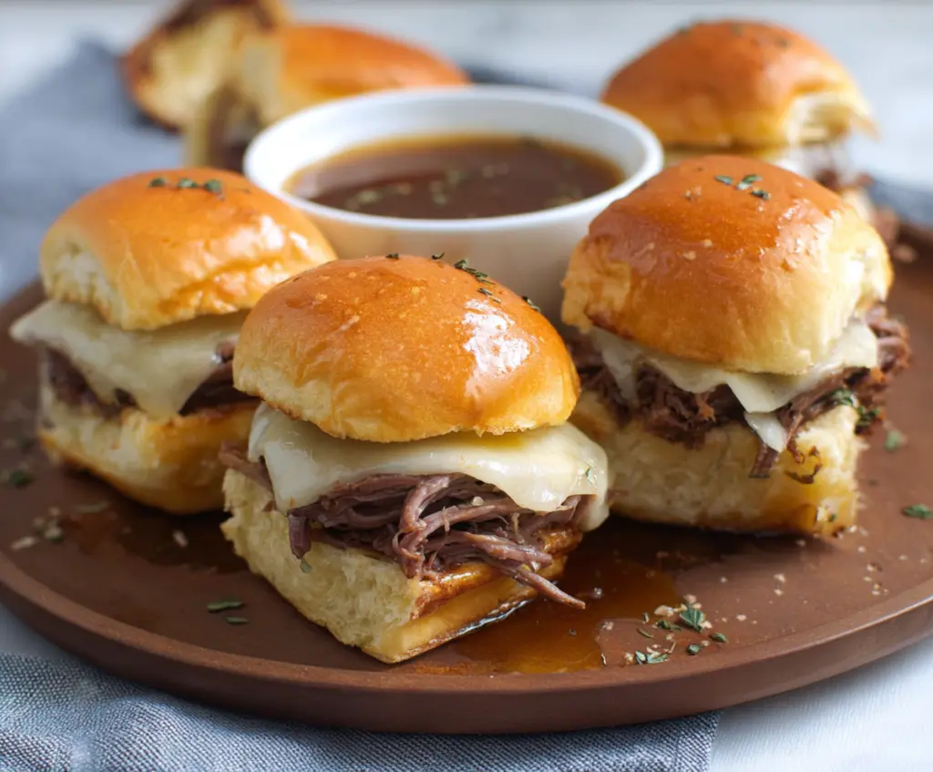 Delicious French Dip Sliders with tender roast beef and melted cheese in slider buns.