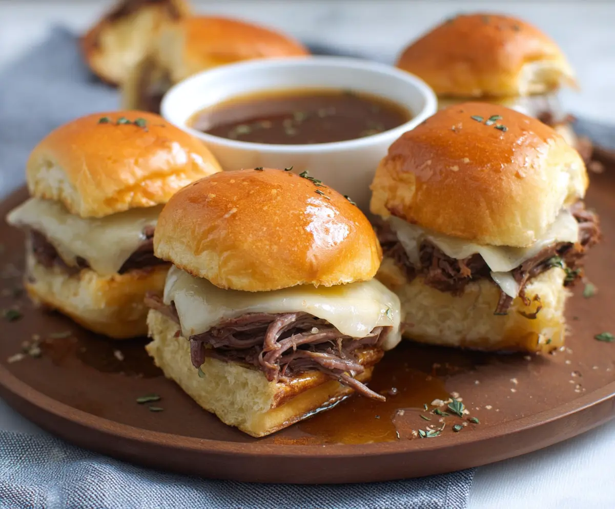 Delicious French Dip Sliders with tender roast beef and melted cheese in slider buns.