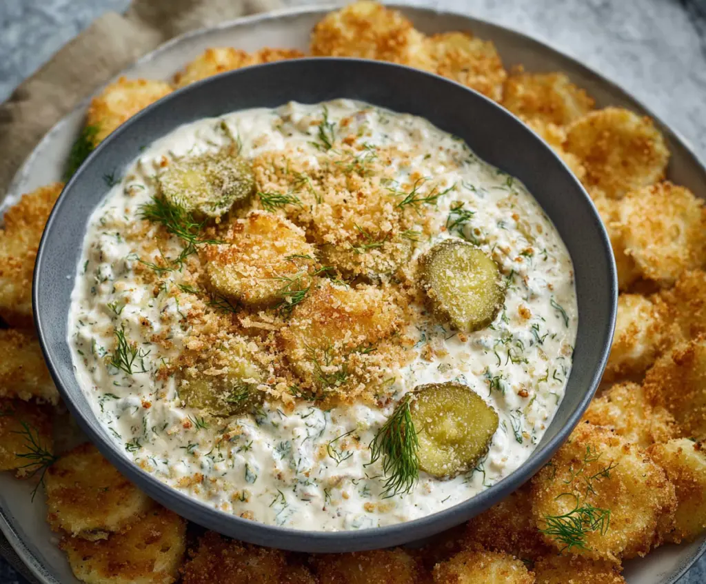 Creamy Fried Pickle Dip served with crispy pickle chips and fresh herbs, perfect for dipping at parties.