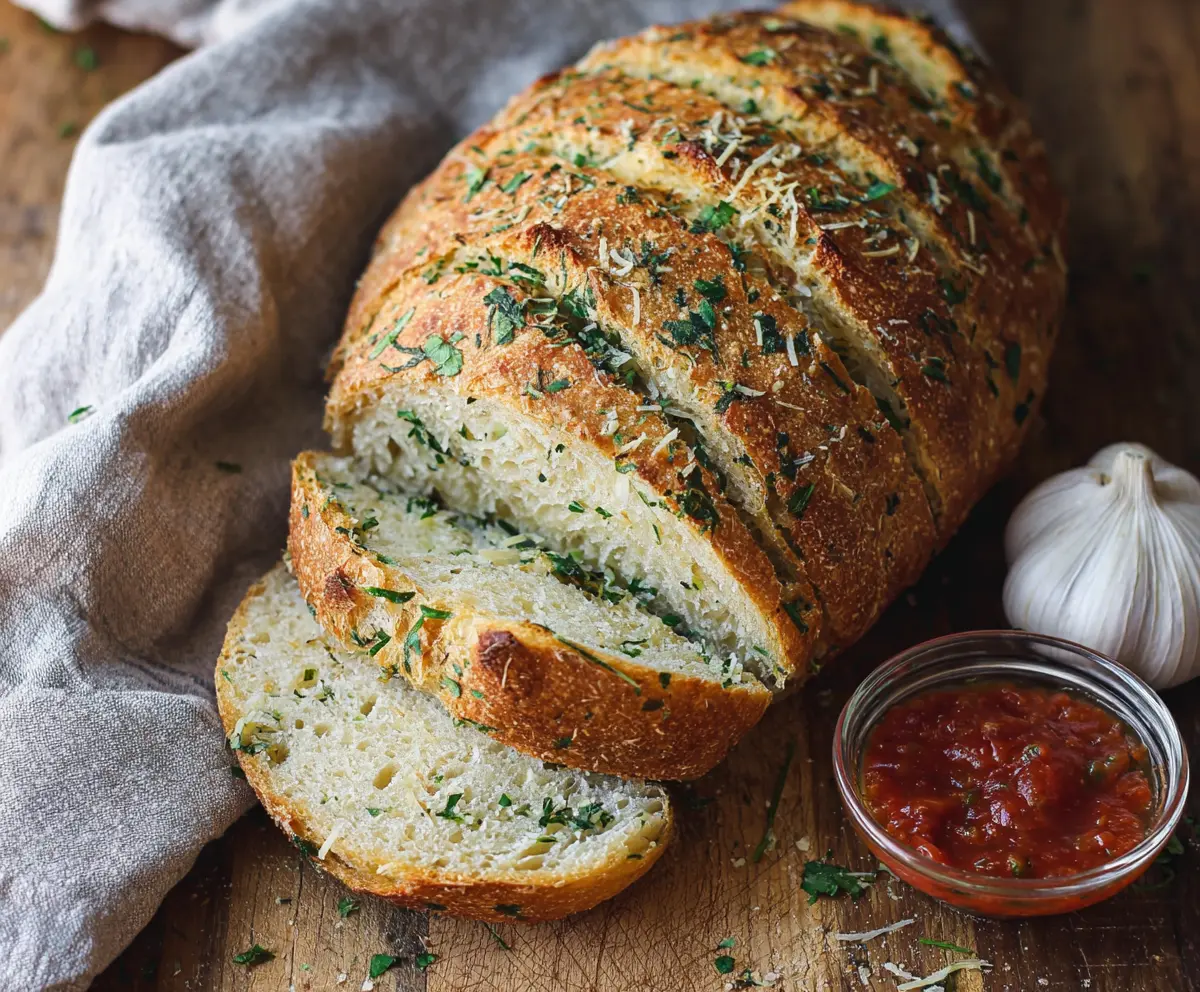 Golden garlic and herb sourdough bread loaf with fresh herbs on a rustic wooden surface.