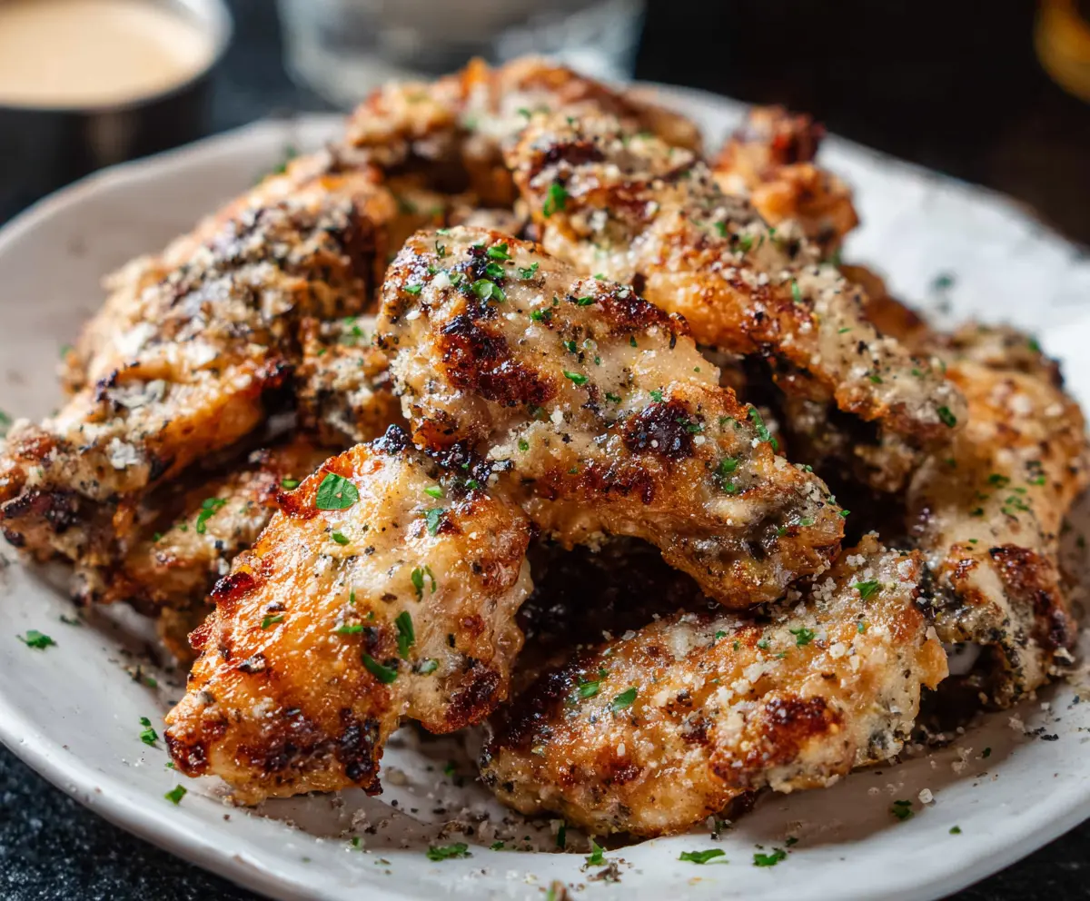 Crispy Garlic Parmesan Wings on a platter with herbs and cheese
