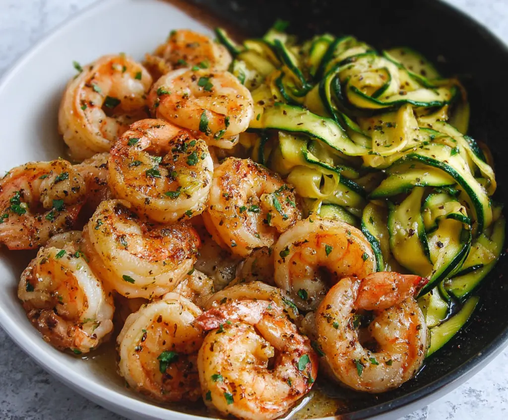 Delicious garlic shrimp with fresh zucchini on a plate, highlighting a healthy seafood recipe.