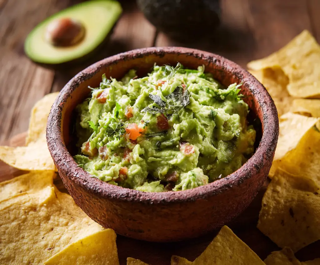 Fresh homemade guacamole with ripe avocados, tomatoes, onions, and cilantro in a white bowl.