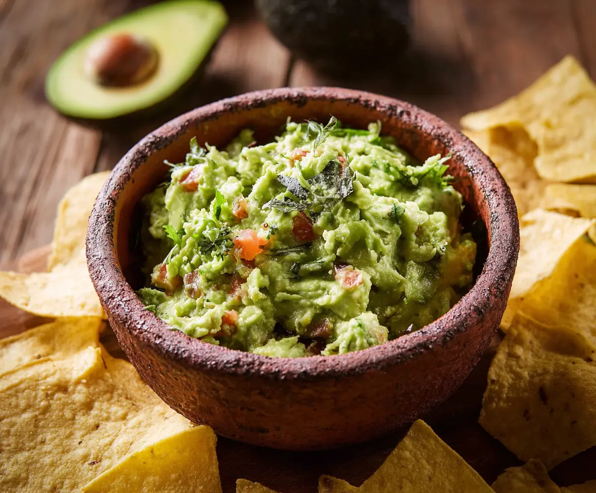 Fresh homemade guacamole with ripe avocados, tomatoes, onions, and cilantro in a white bowl.