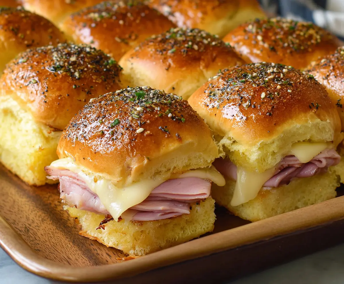 Delicious ham and cheese Hawaiian roll sliders topped with melted cheese and fresh herbs.