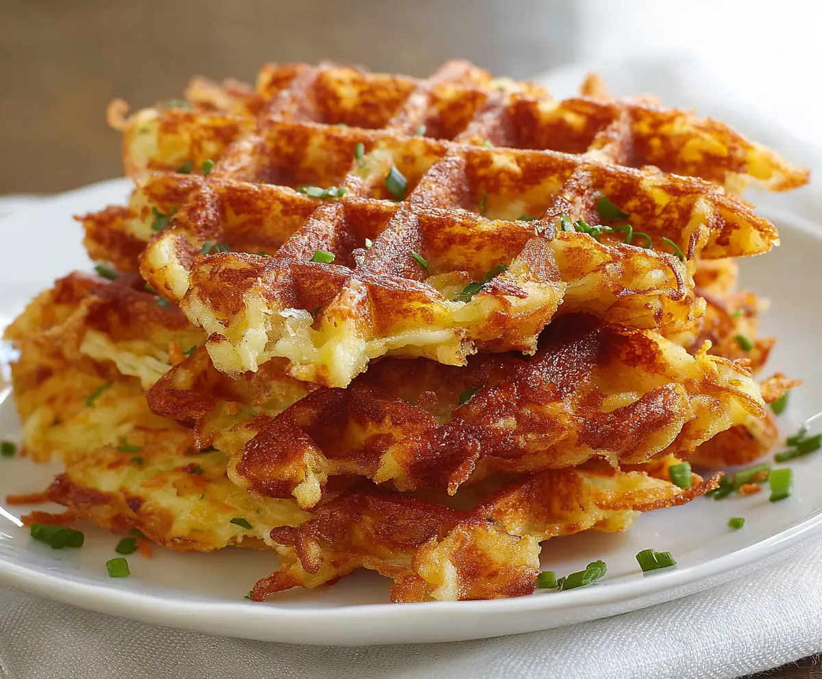 Crispy golden Hash Brown Waffles served on a plate with fresh herbs.