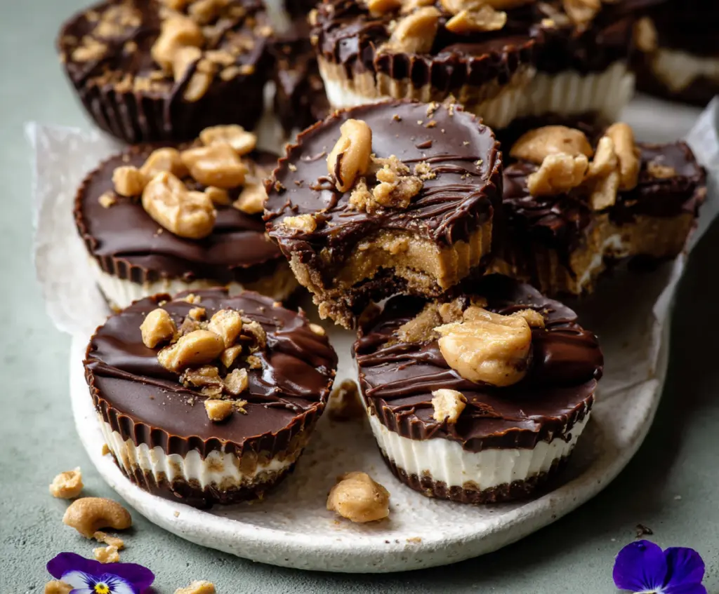 Healthy frozen peanut butter Greek yogurt cups topped with chocolate, perfect for a nutritious snack or breakfast.