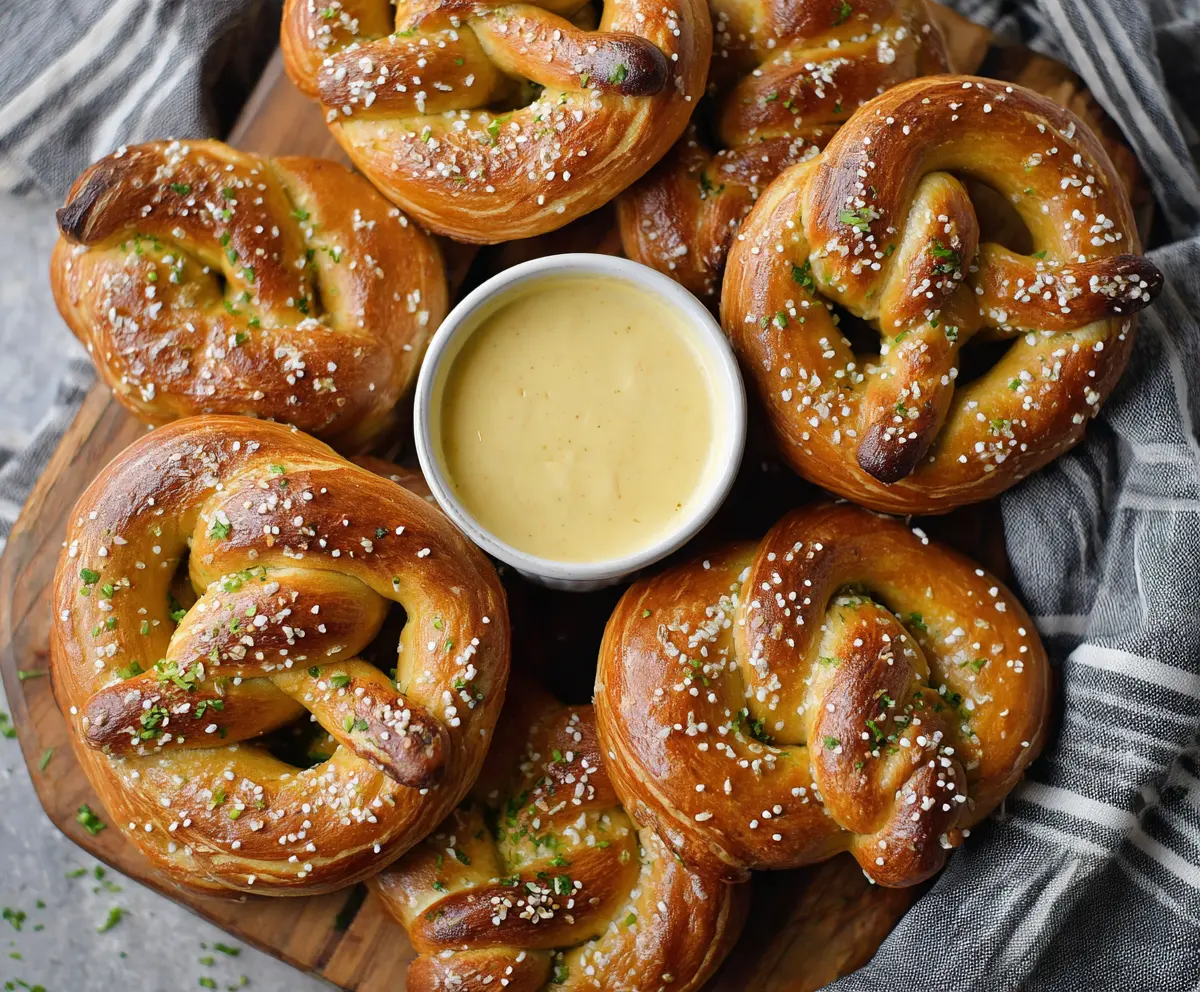 Golden baked homemade pretzels served with creamy queso dip, perfect for snacks or parties.