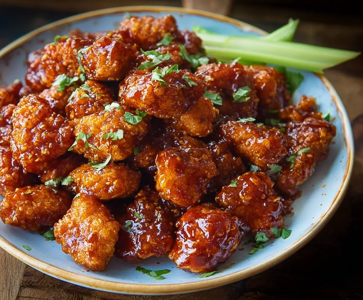Crunchy Honey BBQ Popcorn Chicken served with a spicy and sweet glaze, perfect for snacking.