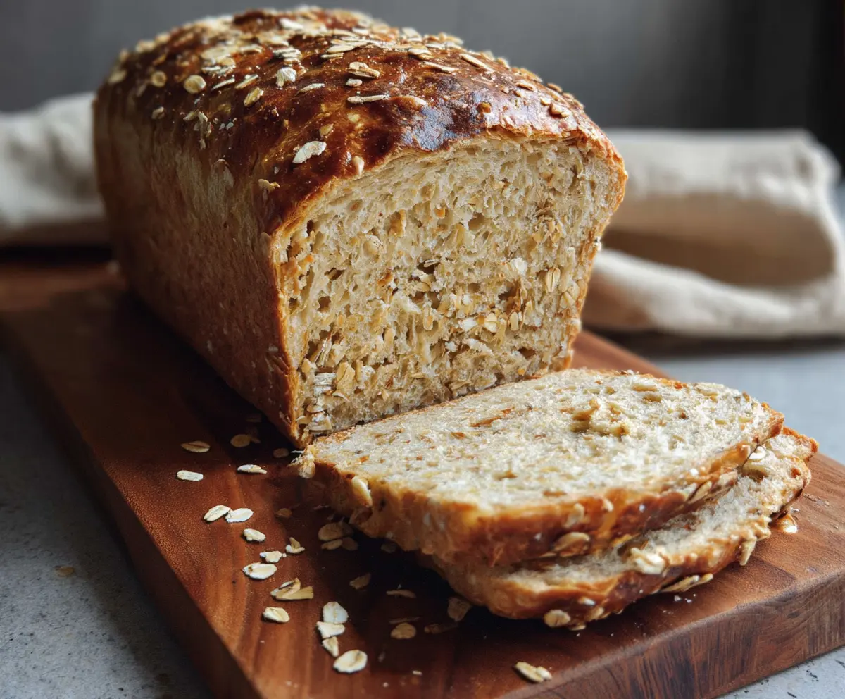 Freshly baked Honey Oat Sourdough Sandwich Bread on a cutting board with a golden crust and sprinkled oats.