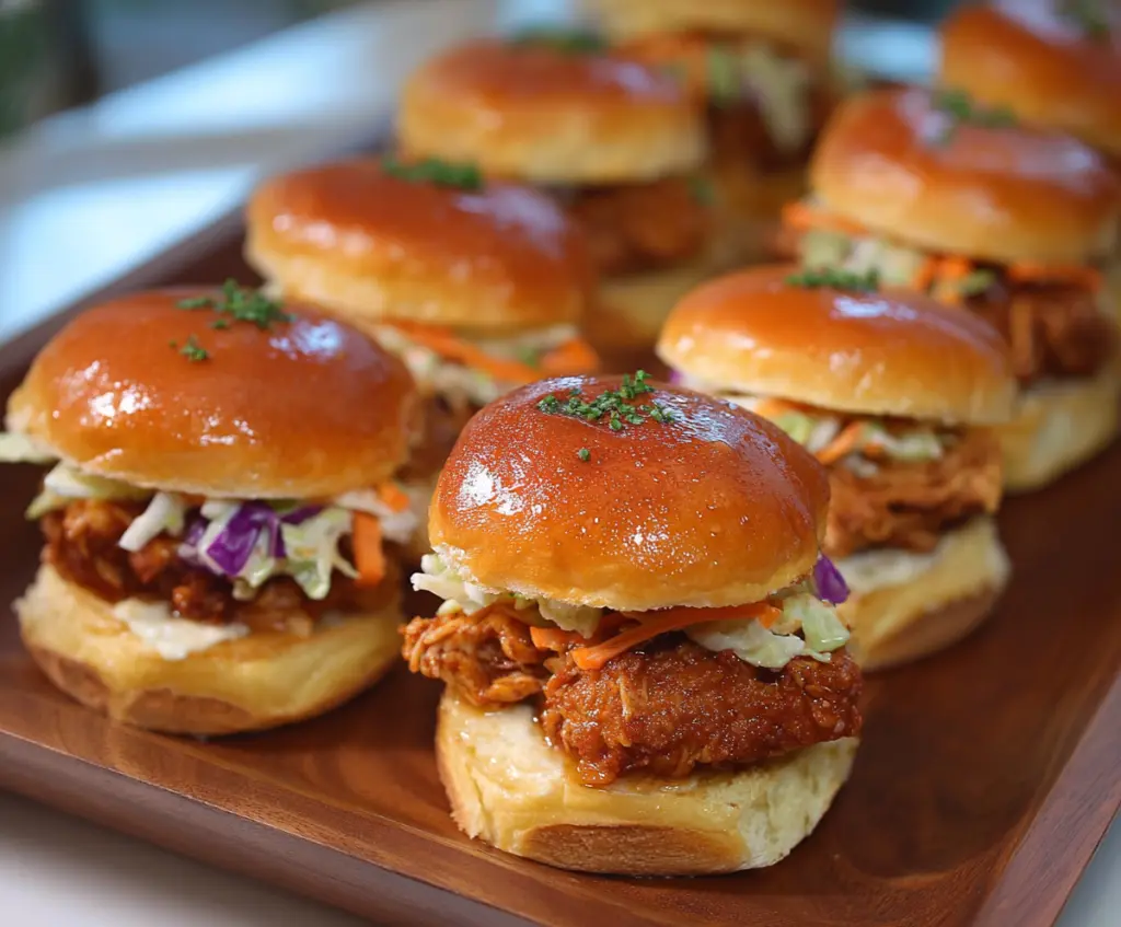 Delicious Hot Honey Chicken Sliders on a plate with melted cheese and fresh herbs
