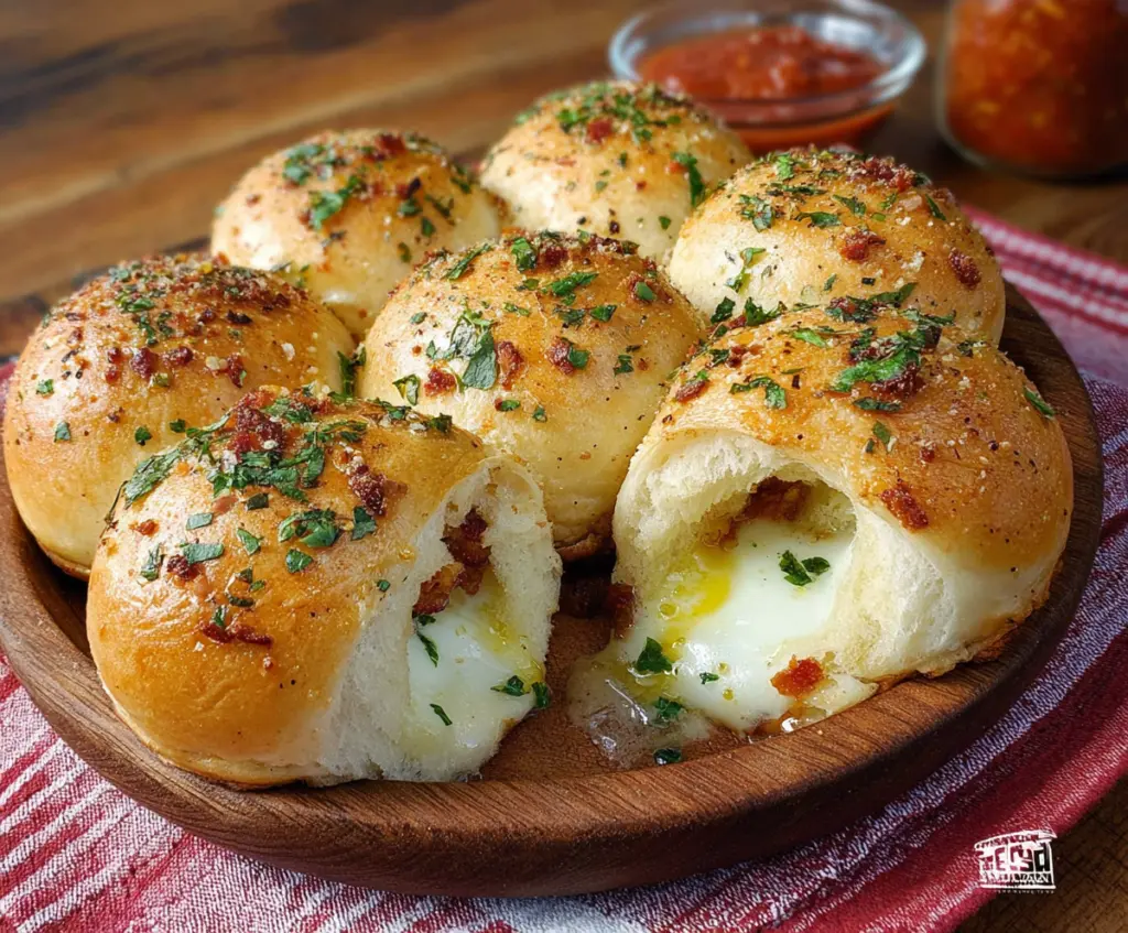 Delicious Italian Breakfast Bombs with cheese and herbs, served on a rustic plate.