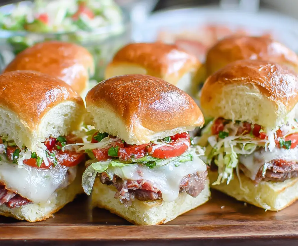 Delicious Italian Grinder Sliders featuring crispy bread, savory meats, and melted cheese.