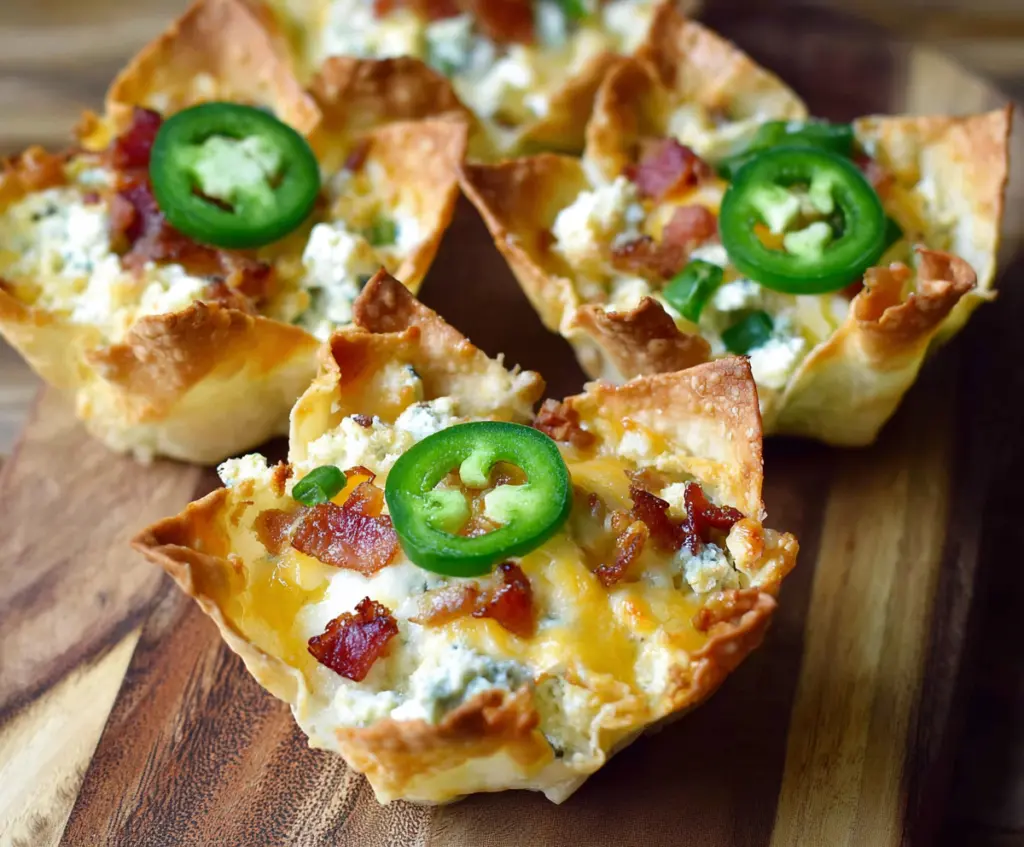 Delicious jalapeno popper wonton cups with melted cheese and spicy jalapenos on a serving plate
