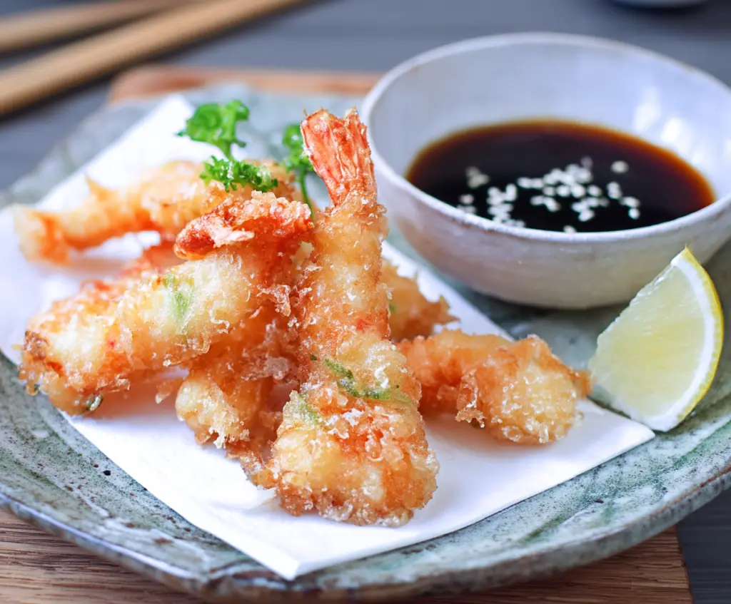 Crispy Japanese shrimp tempura served with dipping sauces on a plate