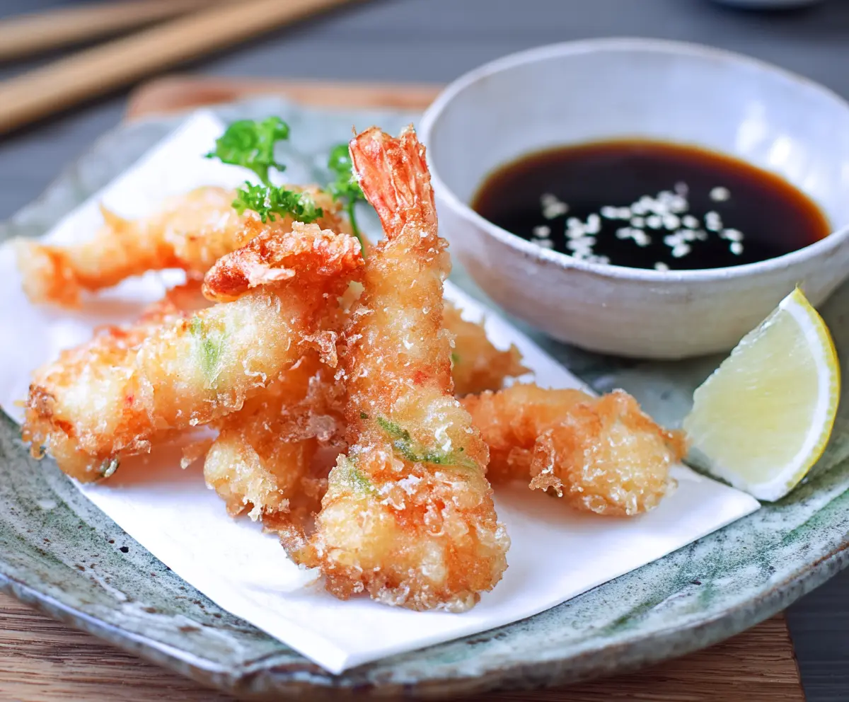 Crispy Japanese shrimp tempura served with dipping sauces on a plate