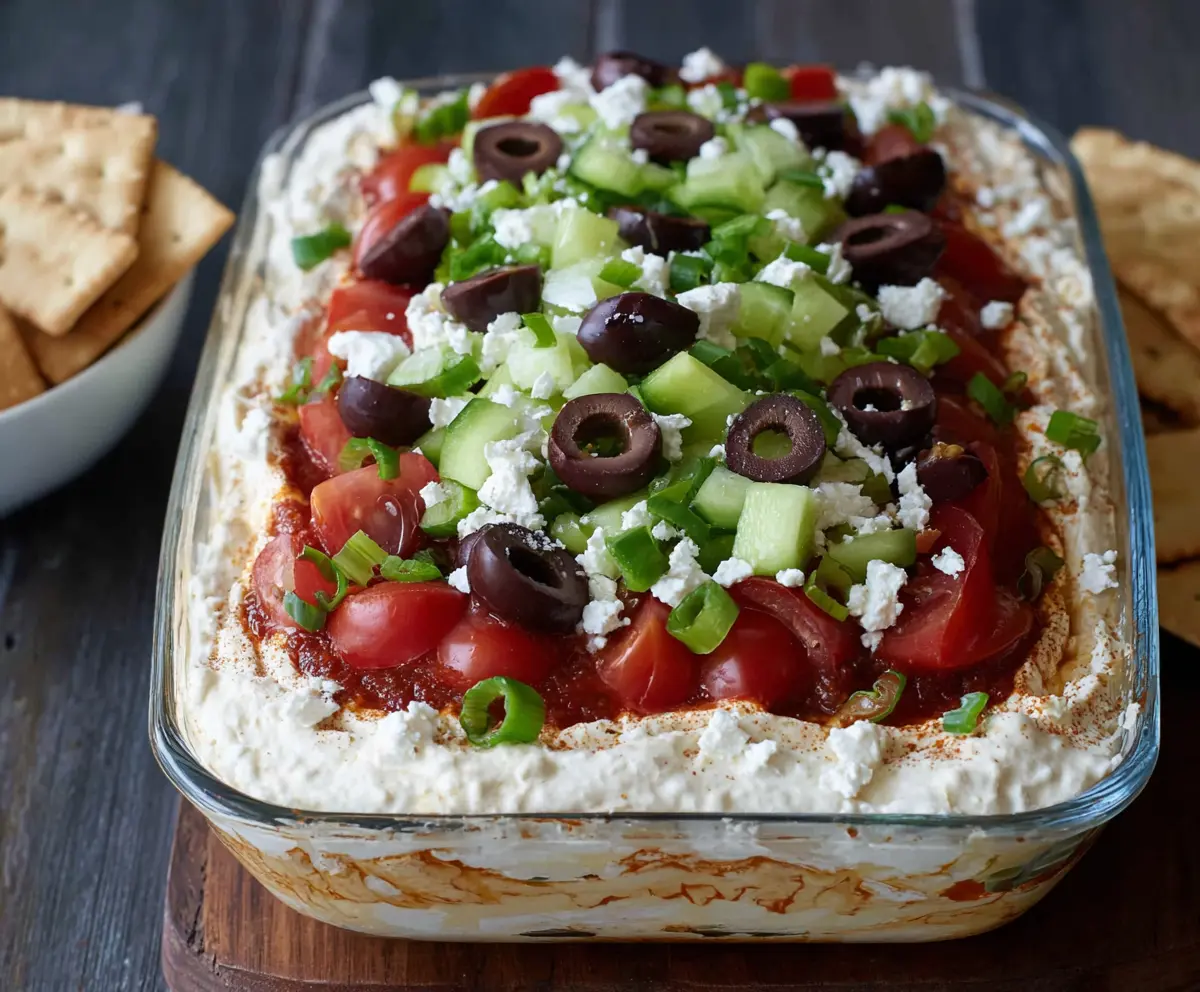 Colorful layered Greek dip with hummus, cucumbers, cherry tomatoes, and olives in a clear glass dish.