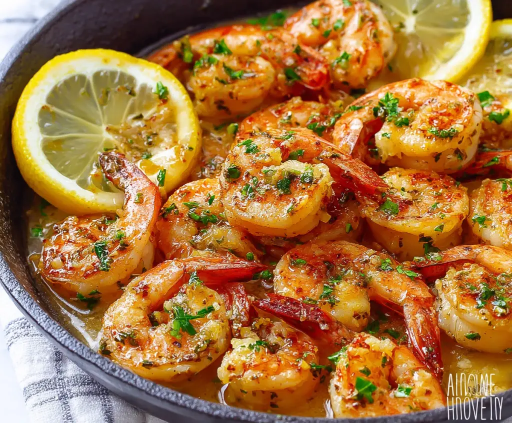 Delicious Lemon Butter Garlic Shrimp served on a white plate garnished with fresh herbs