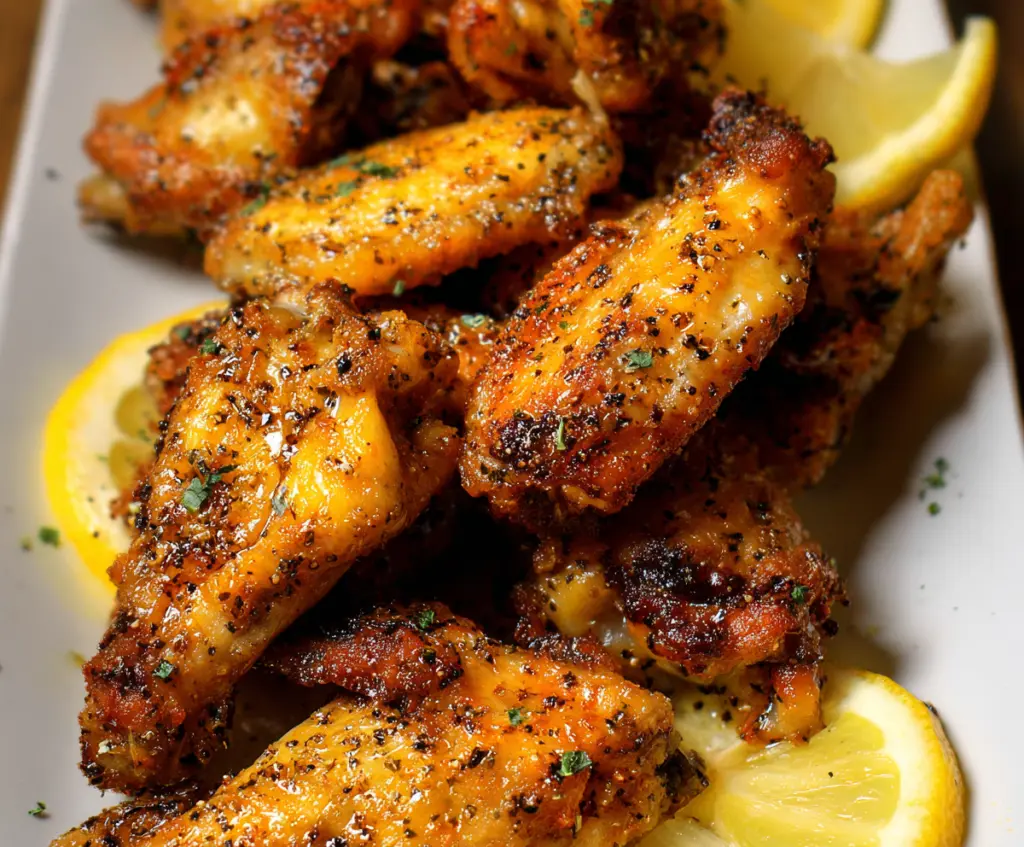Juicy lemon pepper wings served on a plate, perfect for snack or dinner.